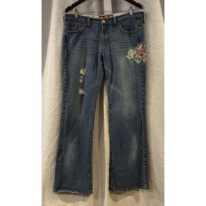 HiNT Y2K Embroidered Floral Bootcut Jeans Juniors Size 13 Boho Festival Blue